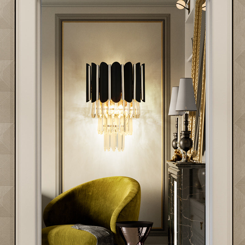 Tiered Wall Mounted Lighting Modern Clear Crystal 2 Lights Wall Sconce Light in Black