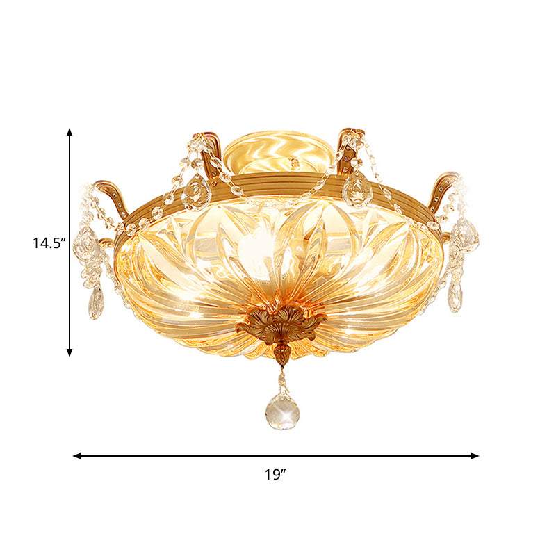 Dome Clear Glass Semi Flush Light Modernist 5 Lights Gold Flush Mount Ceiling Light Fixture with Crystal Draping