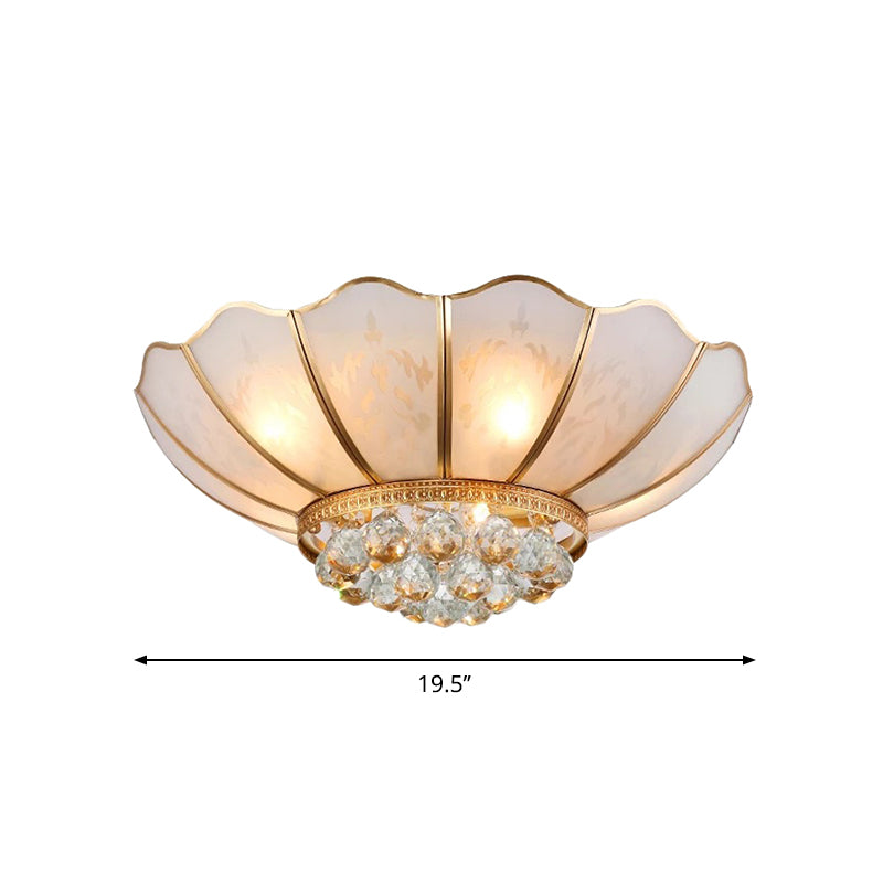 6 Lights Flared Flush Lamp Traditional Gold Beveled Glass Shade Ceiling Light with Crystal Accent
