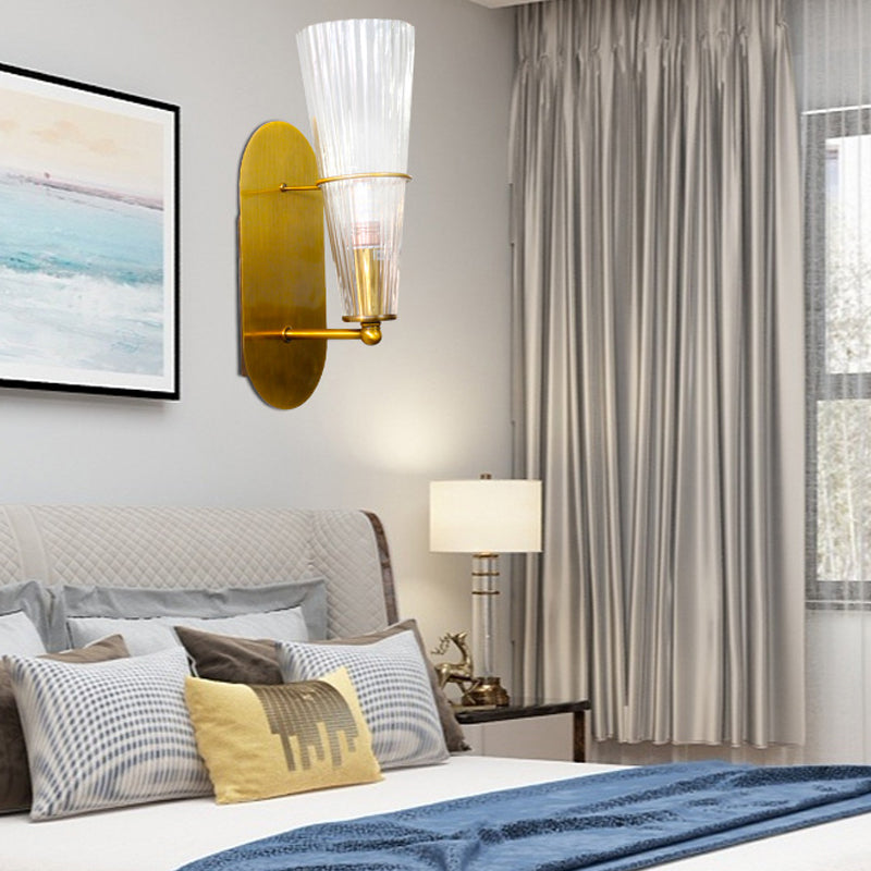 Illuminazione da parete cono interno in vetro a coste trasparente singola luce secolo medio secolo illuminazione sconce in ottone