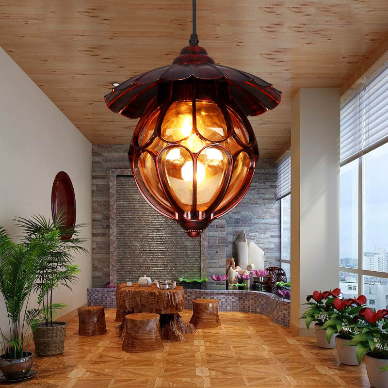 Industrial Global/Ring Hanging Light Cognac Glass Shade Kitchen Pendant Lighting in Copper with 23.5" Adjustable Chain