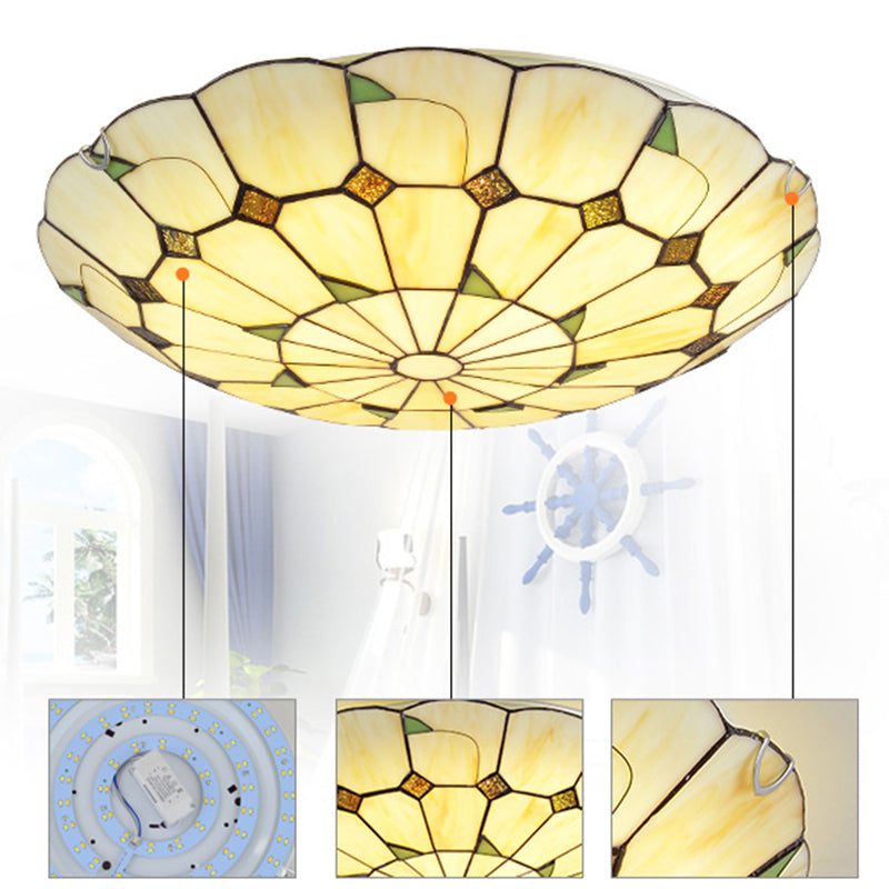 Lámpara de techo Tiffany con patrón de hojas, lámpara LED de montaje empotrado con pantalla de vitral Retro para dormitorio y sala de estar