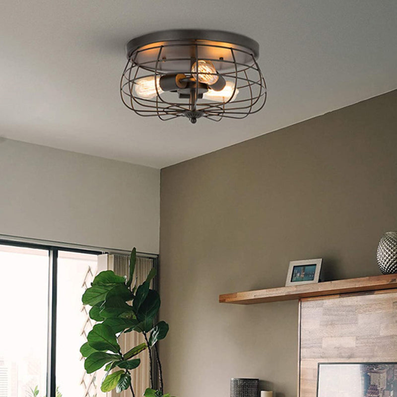 Cage Drum Flush Mount Lighting Retro Simple Industrial Style Metal Ceiling Light Fixture for Hallway