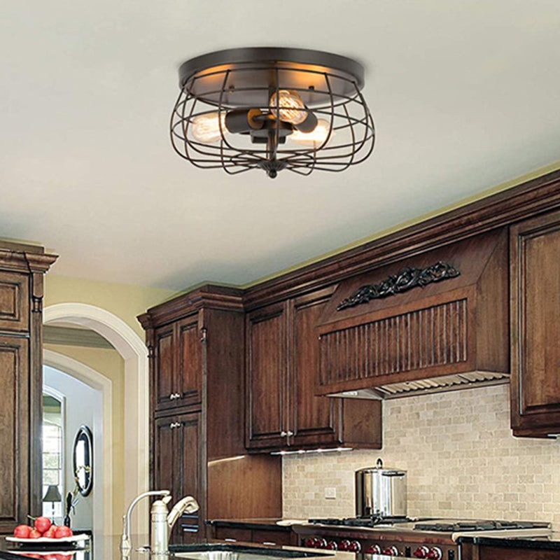 Cage Drum Flush Mount Lighting Retro Simple Industrial Style Metal Ceiling Light Fixture for Hallway