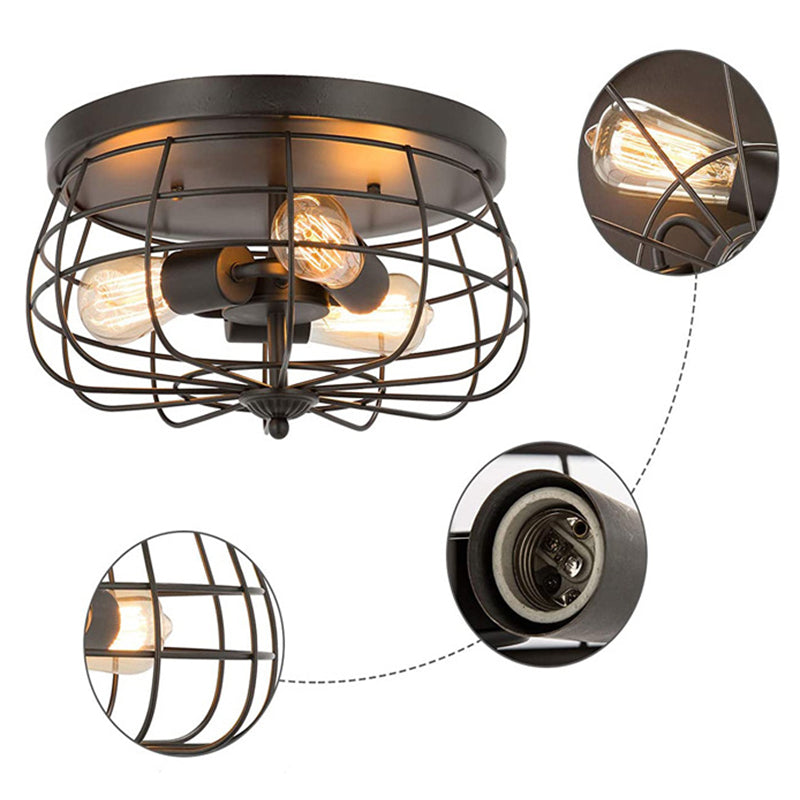 Cage Drum Flush Mount Lighting Retro Simple Industrial Style Metal Ceiling Light Fixture for Hallway