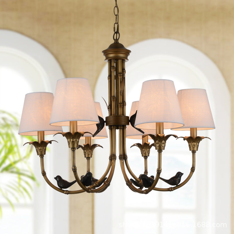 3/6/8 Lights Suspension Pendant Rustic Cone Fabric Hanging Chandelier in White for Living Room