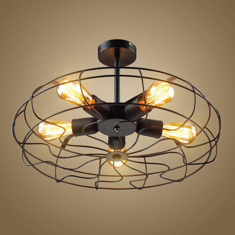 Basket Cage Semi Flush Light Fixtures Retro Industrial Style 5 Lights Metal Ceiling Mount Chandelier for Hallway
