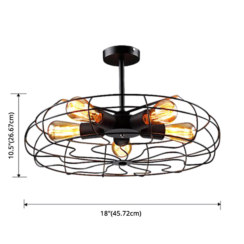 Basket Cage Semi Flush Light Fixtures Retro Industrial Style 5 Lights Metal Ceiling Mount Chandelier for Hallway