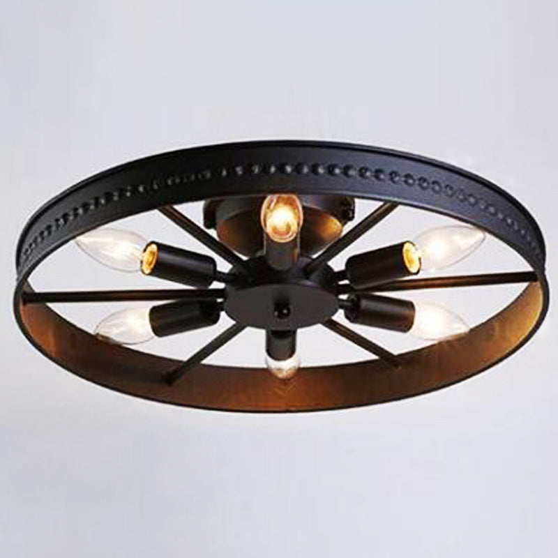 Wiel Semi Flush Kroonluchter Retro Industriële Stijl 6 Lampen Metalen Plafond Gemonteerd Profiel voor Woonkamer