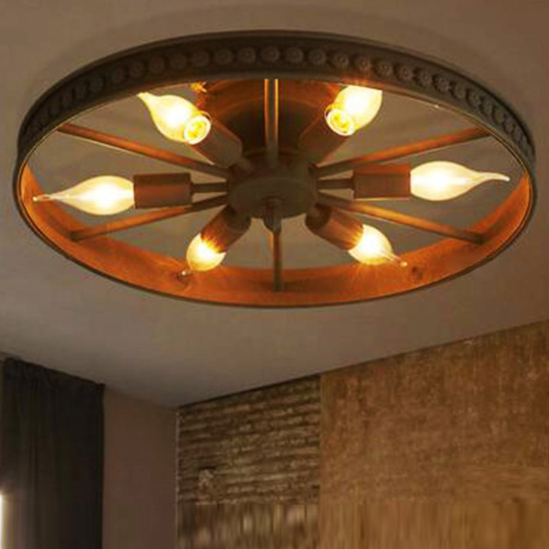 Wiel Semi Flush Kroonluchter Retro Industriële Stijl 6 Lampen Metalen Plafond Gemonteerd Profiel voor Woonkamer