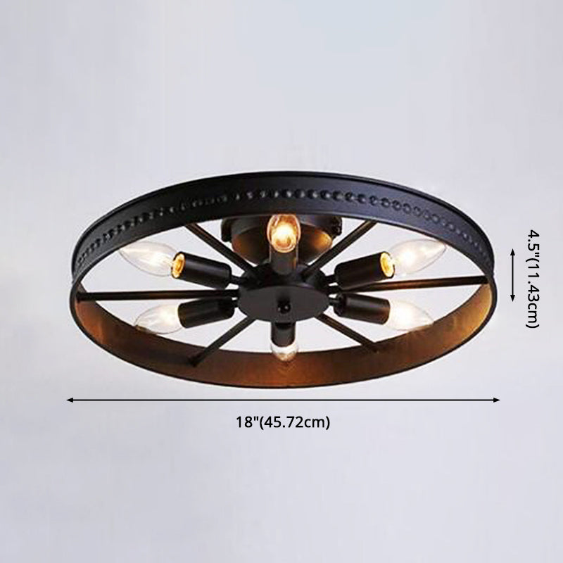 Wiel Semi Flush Kroonluchter Retro Industriële Stijl 6 Lampen Metalen Plafond Gemonteerd Profiel voor Woonkamer