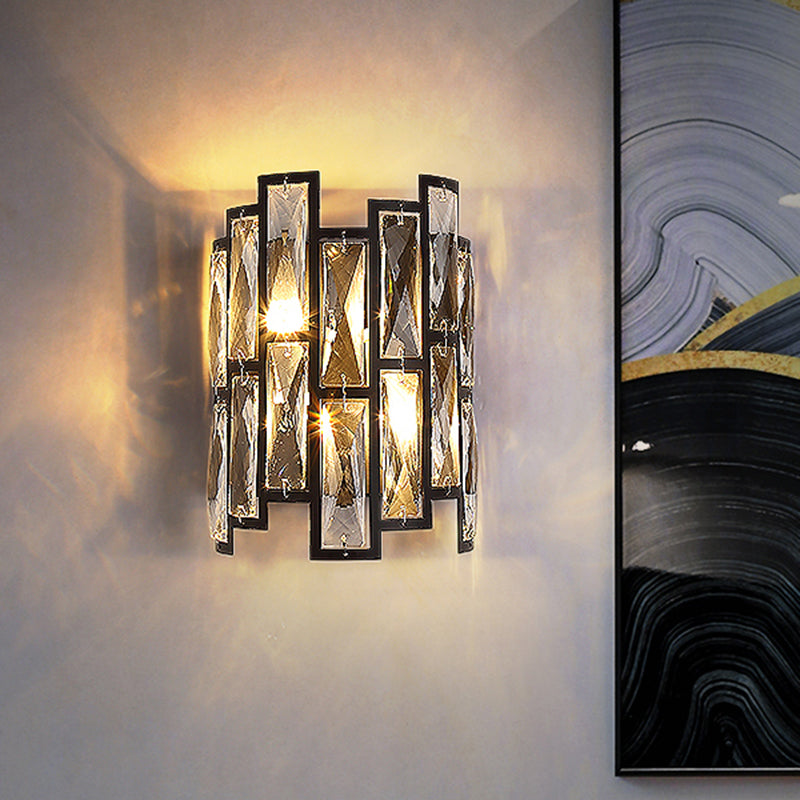 Half Cylinder Wall Lamp Clear Crystal Block 2 Lights Contemporary Wall Mount Lamp in Black