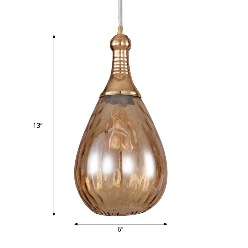 Vintage Teardrop Pendant Lighting 1 Bulb Height Adjustable Amber/Clear/Smoke Water Glass Shade Hanging Ceiling Light