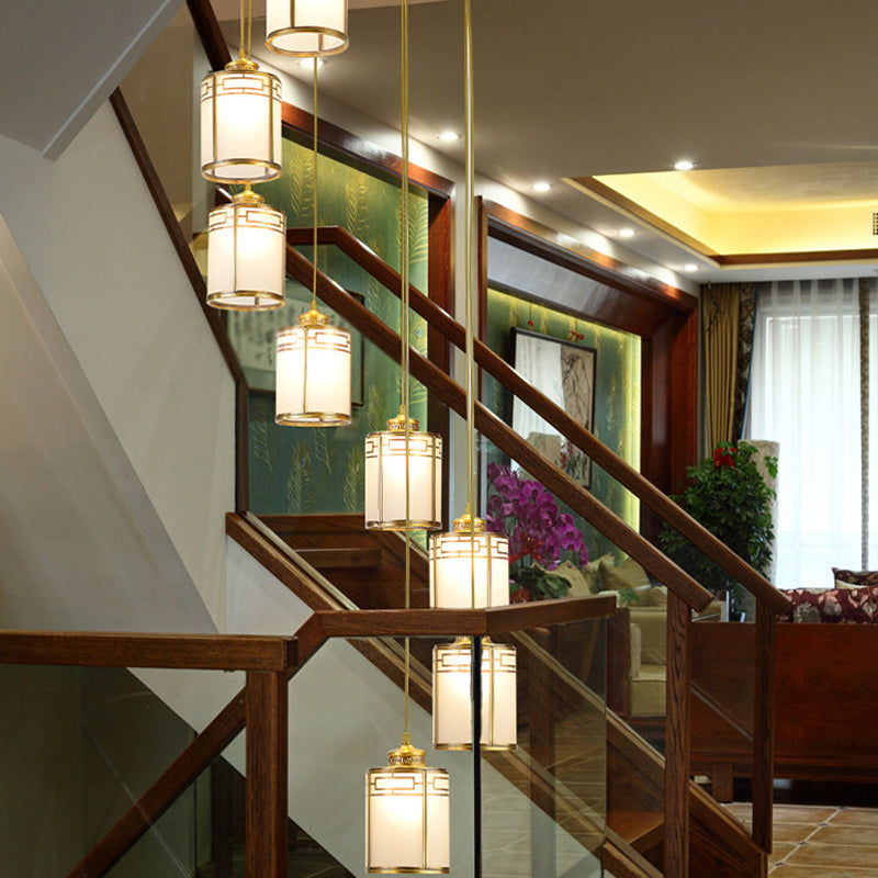 Lampada a sospensione cilindrica bianca in vetro bianco glassata Modern Modern Brass Multiple Hanging Lights for Duplex House