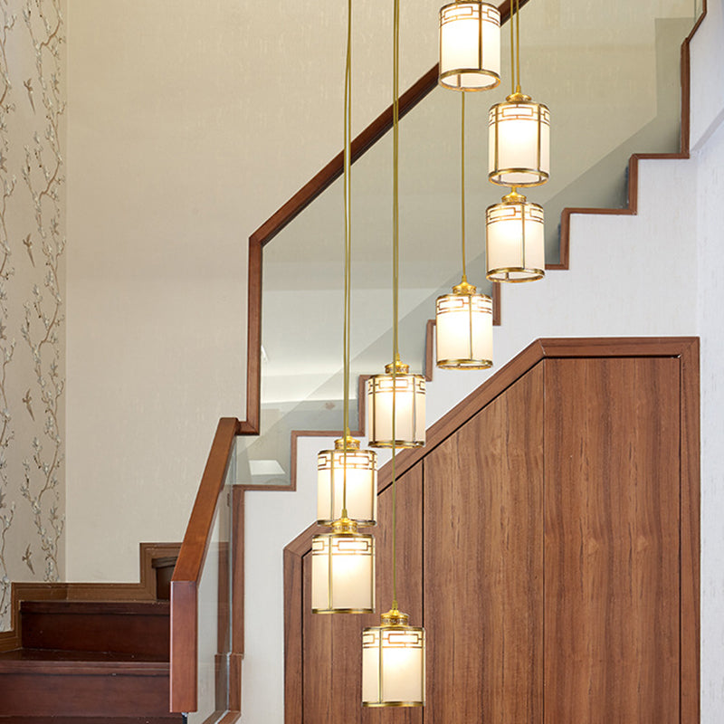 Lampada a sospensione cilindrica bianca in vetro bianco glassata Modern Modern Brass Multiple Hanging Lights for Duplex House