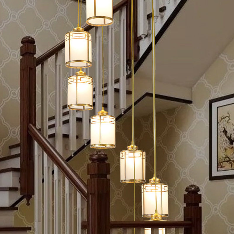 Lampada a sospensione cilindrica bianca in vetro bianco glassata Modern Modern Brass Multiple Hanging Lights for Duplex House