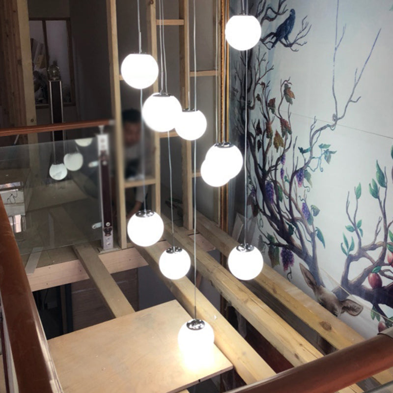 Cream Glass Spherical Multi Pendant Chandelier Simplicity Silver Ceiling Hang Lamp for Lobby Stairs