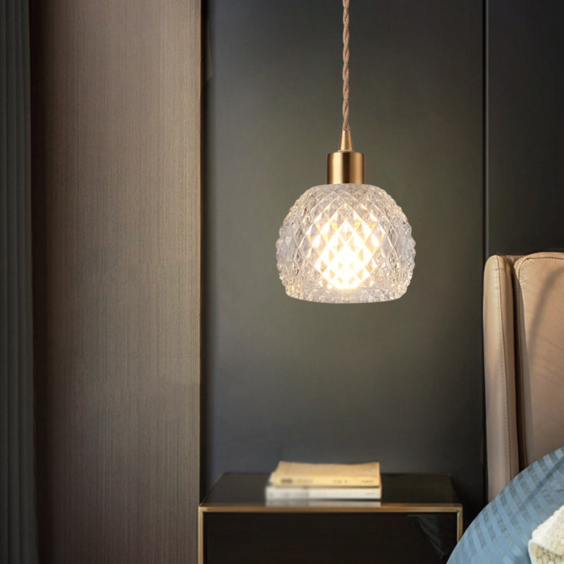 Modern Style Small Pendant Lamp Clear Glass Single-Bulb Bedside Pendulum Light in Brass