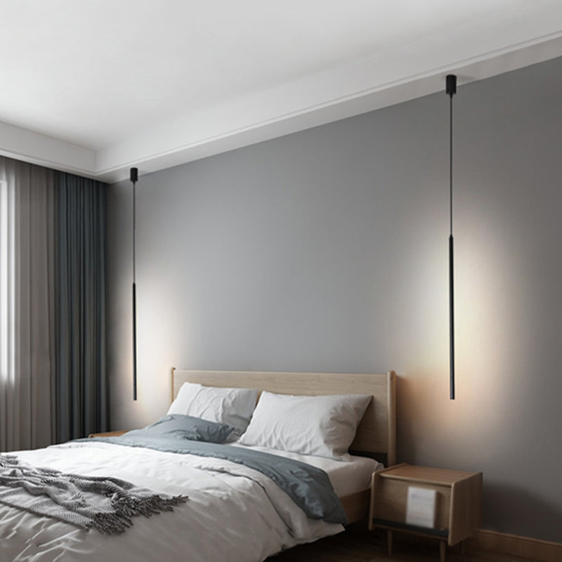 Minimalist Style LED Stick Pendant Metal Bedroom Linear Suspension Lighting in Black