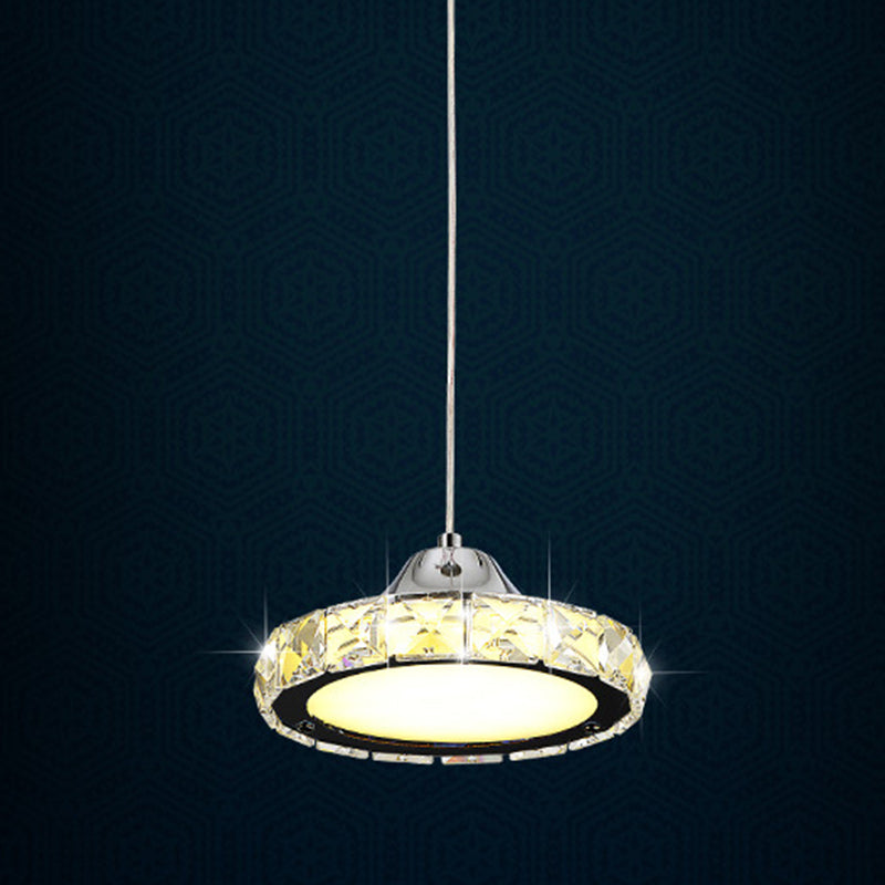Chrome Finish Circular LED Pendant Modern Crystal Embedded Hanging Ceiling Light