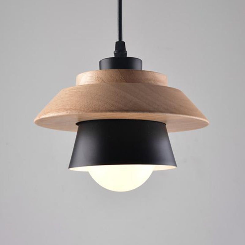 Saucer Cup Dining Room Hanging Lamp Metal and Wood 1 Bulb Nordic Pendant Light Fixture