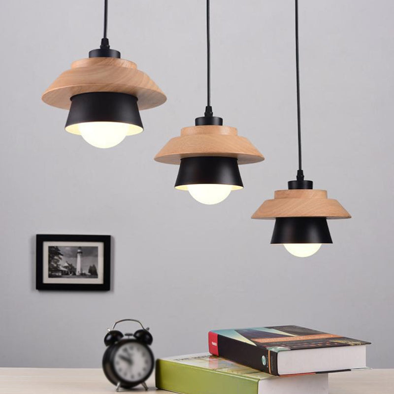 Saucer Cup Dining Room Hanging Lamp Metal and Wood 1 Bulb Nordic Pendant Light Fixture