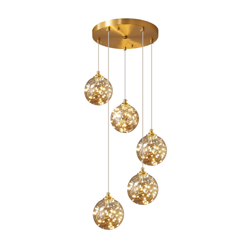 Lámpara de suspensión global de acabado de latón Nordic Amber Glass Led Starry Pends Lighting for Bedroom