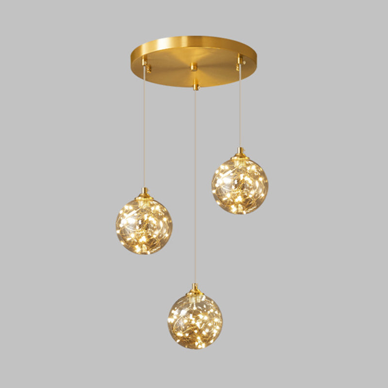 Lámpara de suspensión global de acabado de latón Nordic Amber Glass Led Starry Pends Lighting for Bedroom