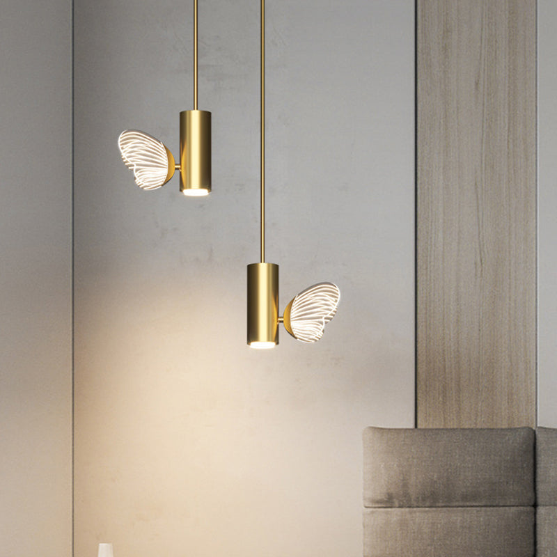 Simple Style LED Spotlight Brass Finish Twig and Butterfly Pendant Light with Acrylic Shade