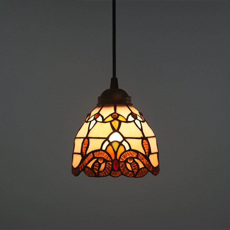 Baroque Domed Pendant Light Stained Glass Hanging Ceiling Light in Brown for Restaurant