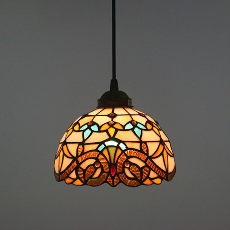 Baroque Domed Pendant Light Stained Glass Hanging Ceiling Light in Brown for Restaurant