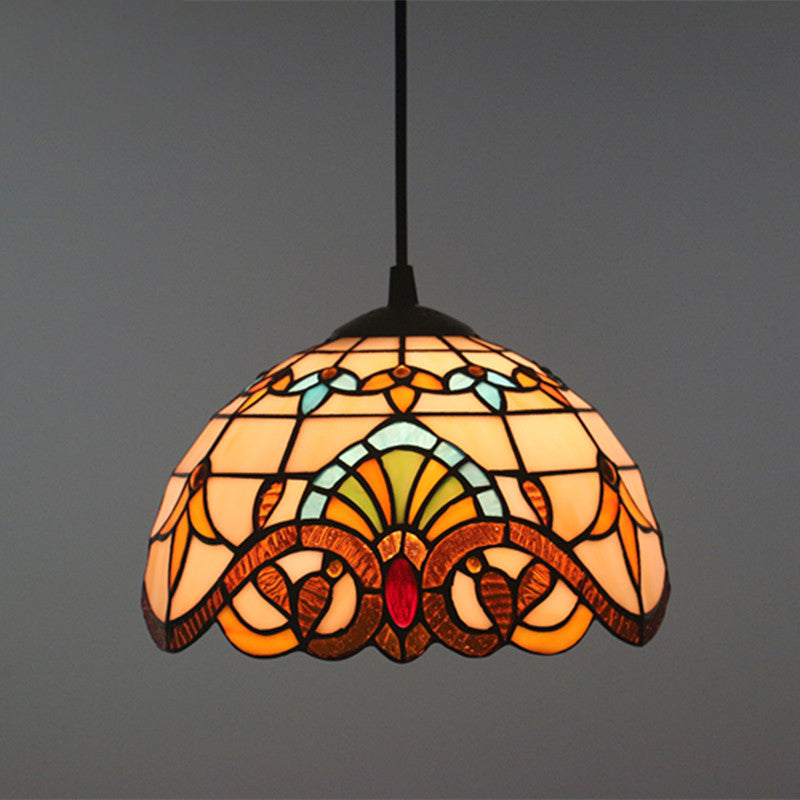 Baroque Domed Pendant Light Stained Glass Hanging Ceiling Light in Brown for Restaurant