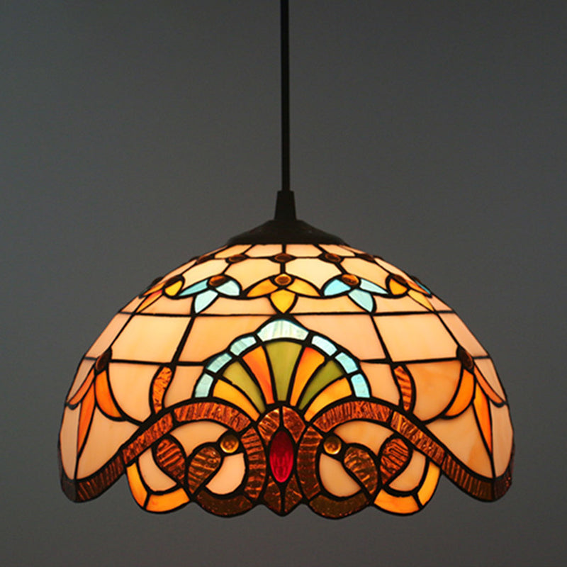 Baroque Domed Pendant Light Stained Glass Hanging Ceiling Light in Brown for Restaurant