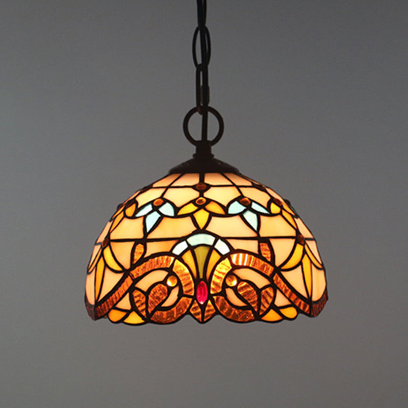 Baroque Domed Pendant Light Stained Glass Hanging Ceiling Light in Brown for Restaurant