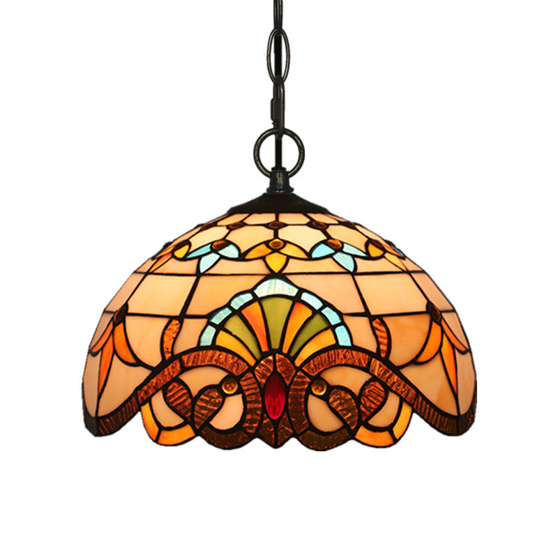 Baroque Domed Pendant Light Stained Glass Hanging Ceiling Light in Brown for Restaurant