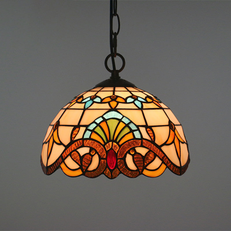 Baroque Domed Pendant Light Stained Glass Hanging Ceiling Light in Brown for Restaurant