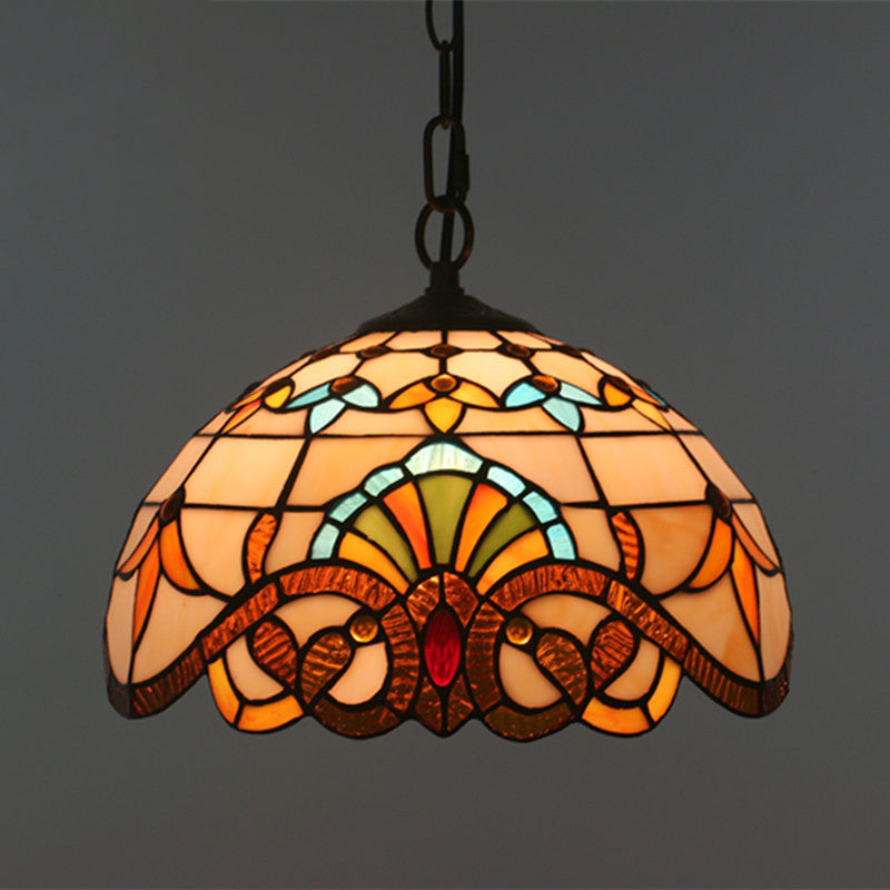 Baroque Domed Pendant Light Stained Glass Hanging Ceiling Light in Brown for Restaurant