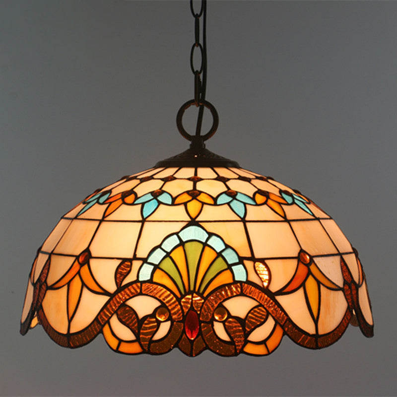 Baroque Domed Pendant Light Stained Glass Hanging Ceiling Light in Brown for Restaurant