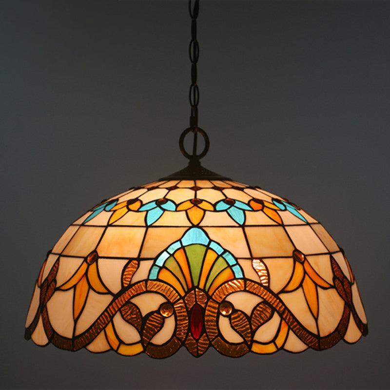 Baroque Domed Pendant Light Stained Glass Hanging Ceiling Light in Brown for Restaurant