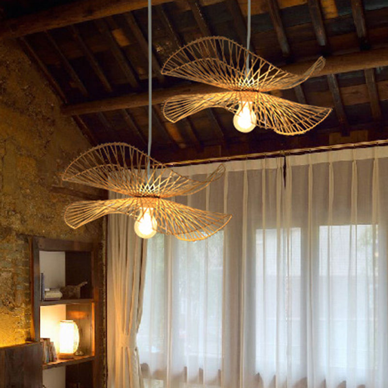 Einzelflurde Deckenhängung Lampe Minimalistischer Holzanhänger mit Rüschenbambusschatten