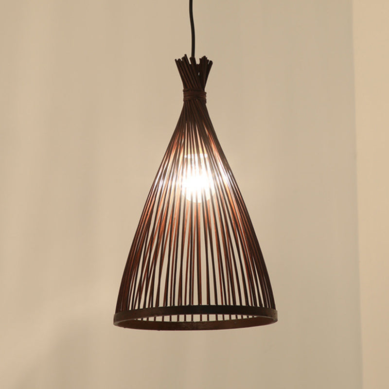 Bamboo Conical Pendant Lamp Japanese Style 1 Head Ceiling Hang Light for Tea Room