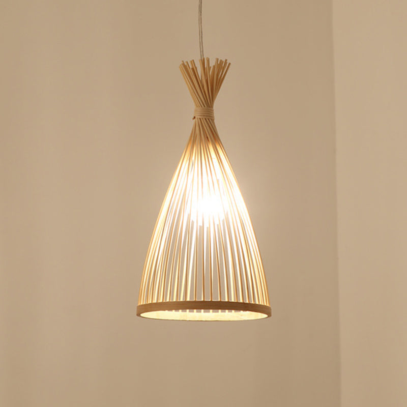 Bamboo Conical Pendant Lamp Japanese Style 1 Head Ceiling Hang Light for Tea Room