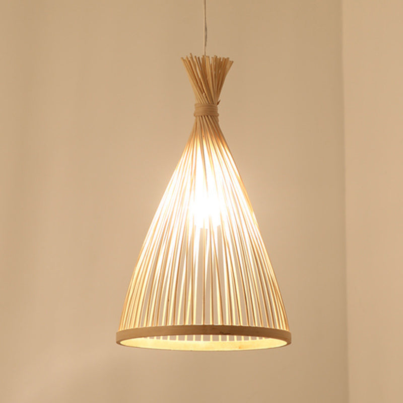 Bamboo Conical Pendant Lamp Japanese Style 1 Head Ceiling Hang Light for Tea Room
