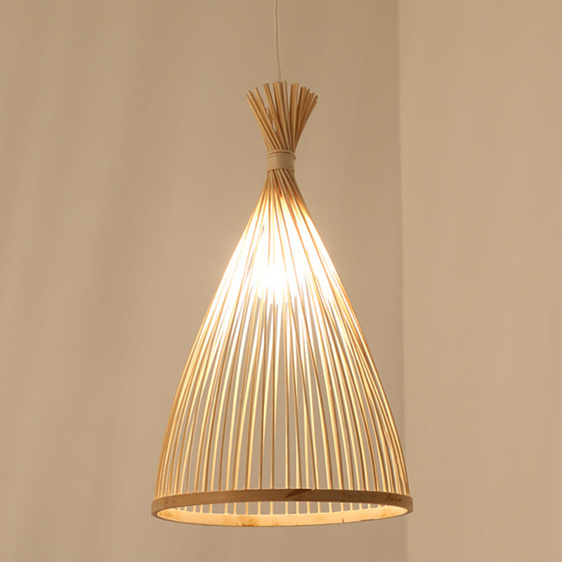 Bamboo Conical Pendant Lamp Japanese Style 1 Head Ceiling Hang Light for Tea Room