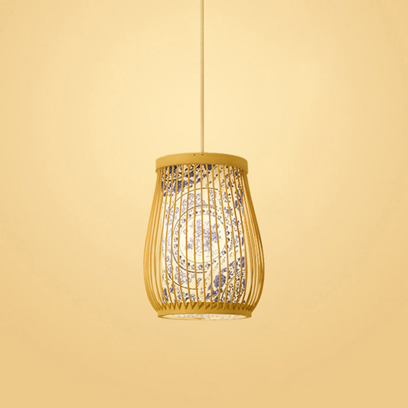 Chinoiserie gewebte Hängende Leuchten Bambus Single Tea Room Deckenleuchte mit Drucklampenkel