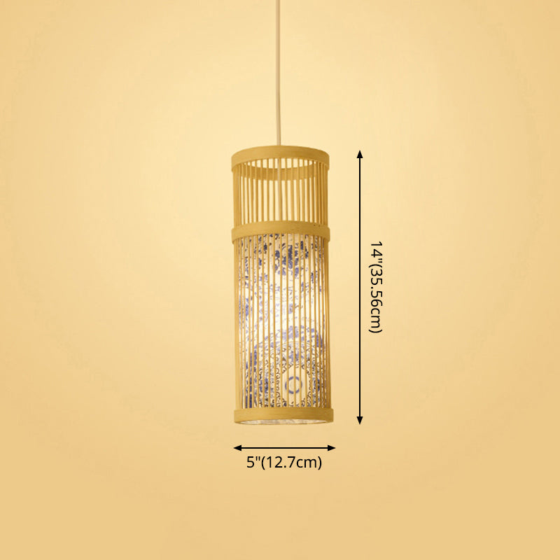 Chinoiserie gewebte Hängende Leuchten Bambus Single Tea Room Deckenleuchte mit Drucklampenkel