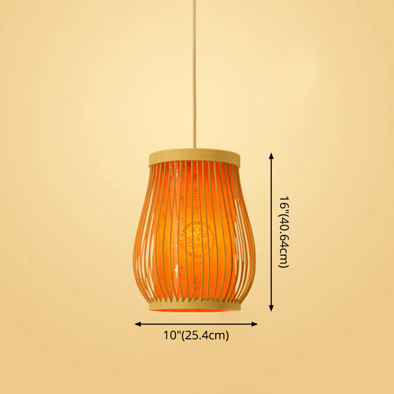 Chinoiserie gewebte Hängende Leuchten Bambus Single Tea Room Deckenleuchte mit Drucklampenkel