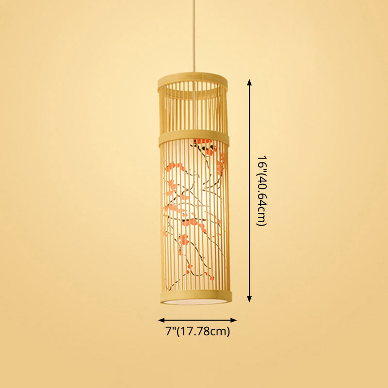 Chinoiserie gewebte Hängende Leuchten Bambus Single Tea Room Deckenleuchte mit Drucklampenkel