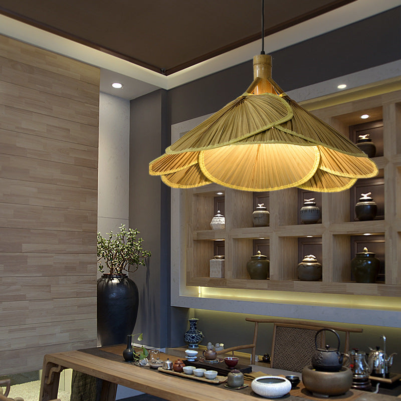 Cattail Fan Bamboo Pendant Light Chinese Style 1-Light Wood Suspension Lighting for Foyer