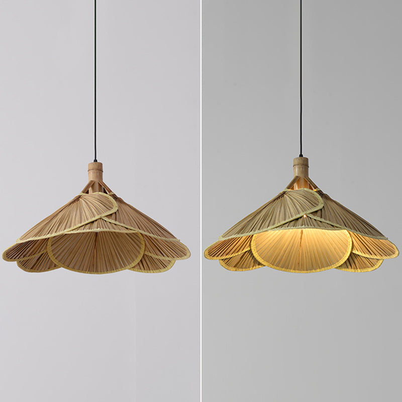 Cattail Fan Bamboo Pendant Light Chinese Style 1-Light Wood Suspension Lighting for Foyer